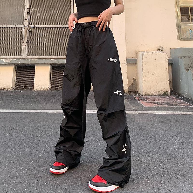 Женская одежда Harajuku Oversized Y2k Мешковатые прямые широкие брюки в стиле хип-хоп Брюки-карго Черные джоггеры Корейская уличная одежда M чёрный