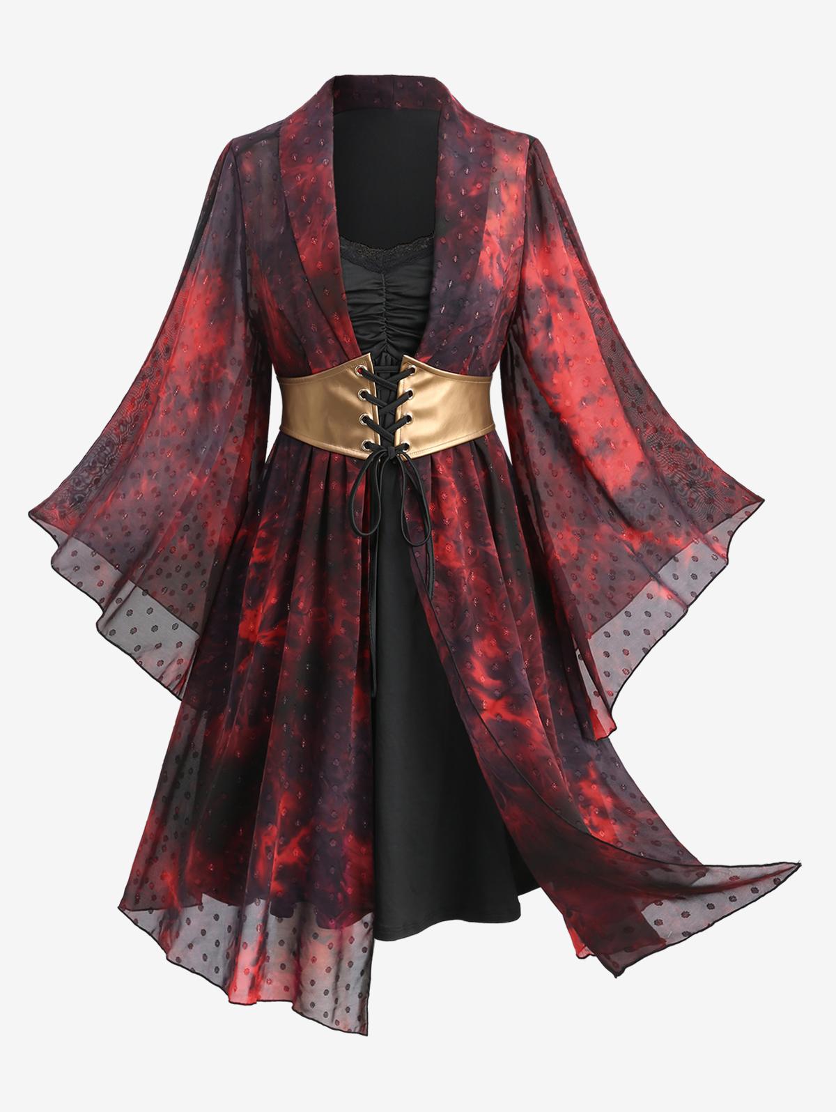 Rosegal Plus Size Воротник-лацкан с расклешенными рукавами Пятнистое жаккардовое бахрома со шнуровкой и рюшами на поясе 2 в 1 Платье А-силуэта 2XL красный
