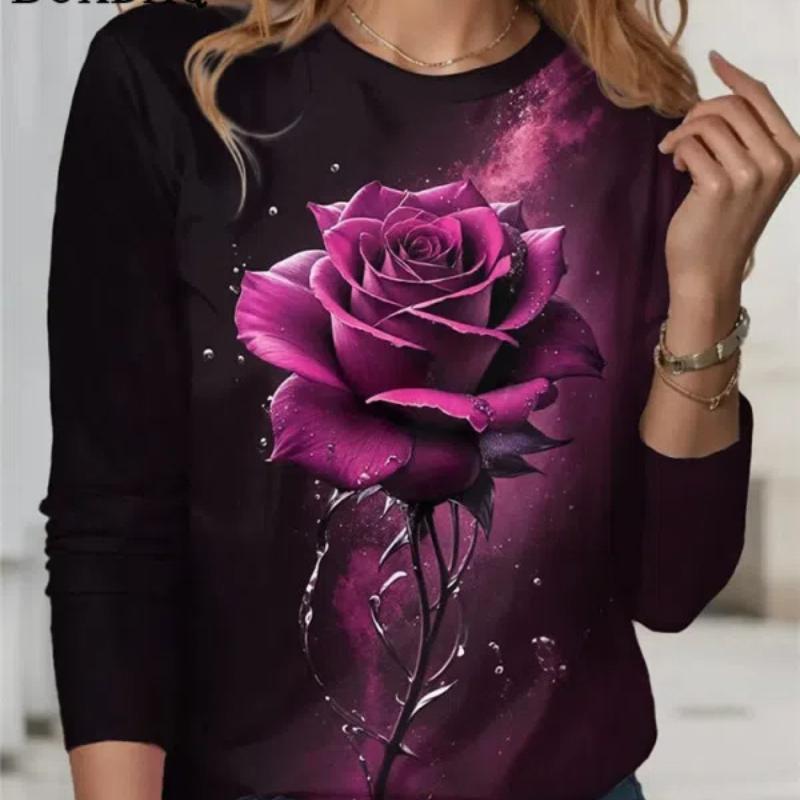 Футболка с принтом Tie Dye, розы, новые весенние женские рубашки с длинными рукавами, повседневные свободные топы с круглым вырезом размера плюс, модная женская одежда S