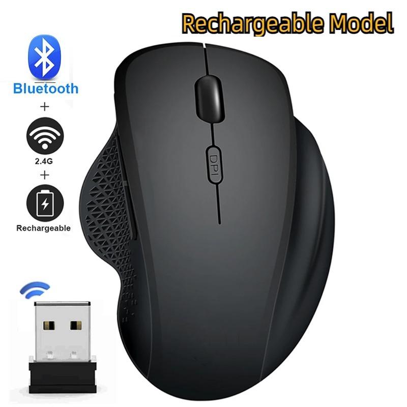 Беспроводная мышь 2,4 ГГц + Bluetooth 5.2 с USB-приемником, перезаряжаемый ПК, компьютерный игровой геймер, бесшумная мышь, 1600 точек на дюйм, эргономичная оптическая мышь, двойной режим чёрный