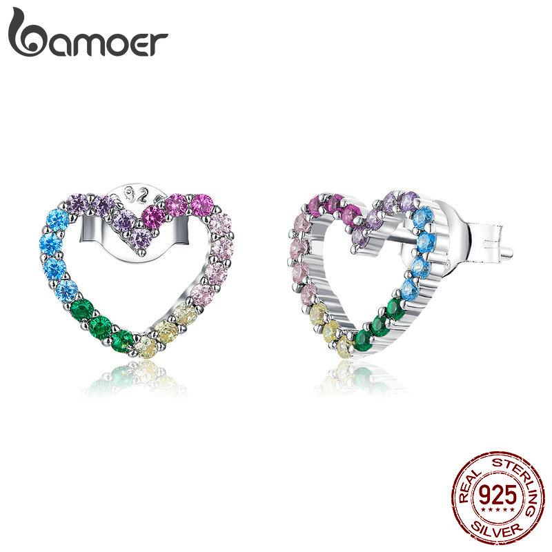 Женские серьги-гвоздики BAMOER с розовым сердцем, стерлинговое серебро 925 пробы, Радуга Amour, ювелирные изделия в подарок 925 silver
