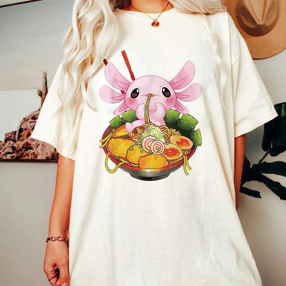 Axolotl Eating Noodles Футболка унисекс Harajuku Эстетическая графика Kawaii Футболки Рубашки унисекс Аниме Забавная футболка большого размера Топы Корея унисекс 2XL