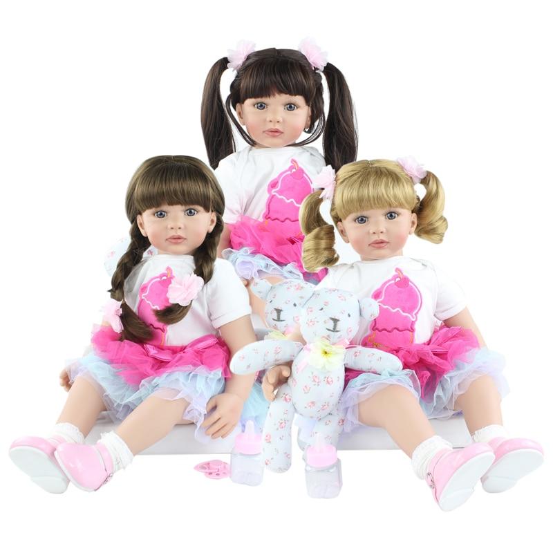 BZDOLL 60 см силиконовая кукла реборн игрушка для девочки 24 дюйма длинные волосы принцесса для малышей с медведем одеваются Play House Bebe подарок на день рождения Blue Eyes, 60cm doll чёрный
