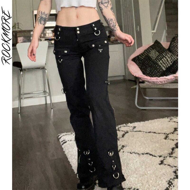 Rockmore Gothic Skinny Low Waist Jeans Woman Punk Cargo Pants Rivet Dark Academic Black Denim Trousers Capri Fashion Streetwear S чёрный