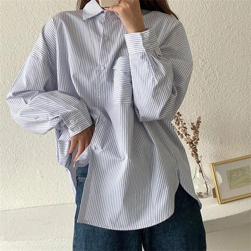 blusas 2022, летний топ, женские рубашки, женская полосатая рубашка, блузки, топы, топы с длинными рукавами, шикарная женская блузка vetement femme S синий