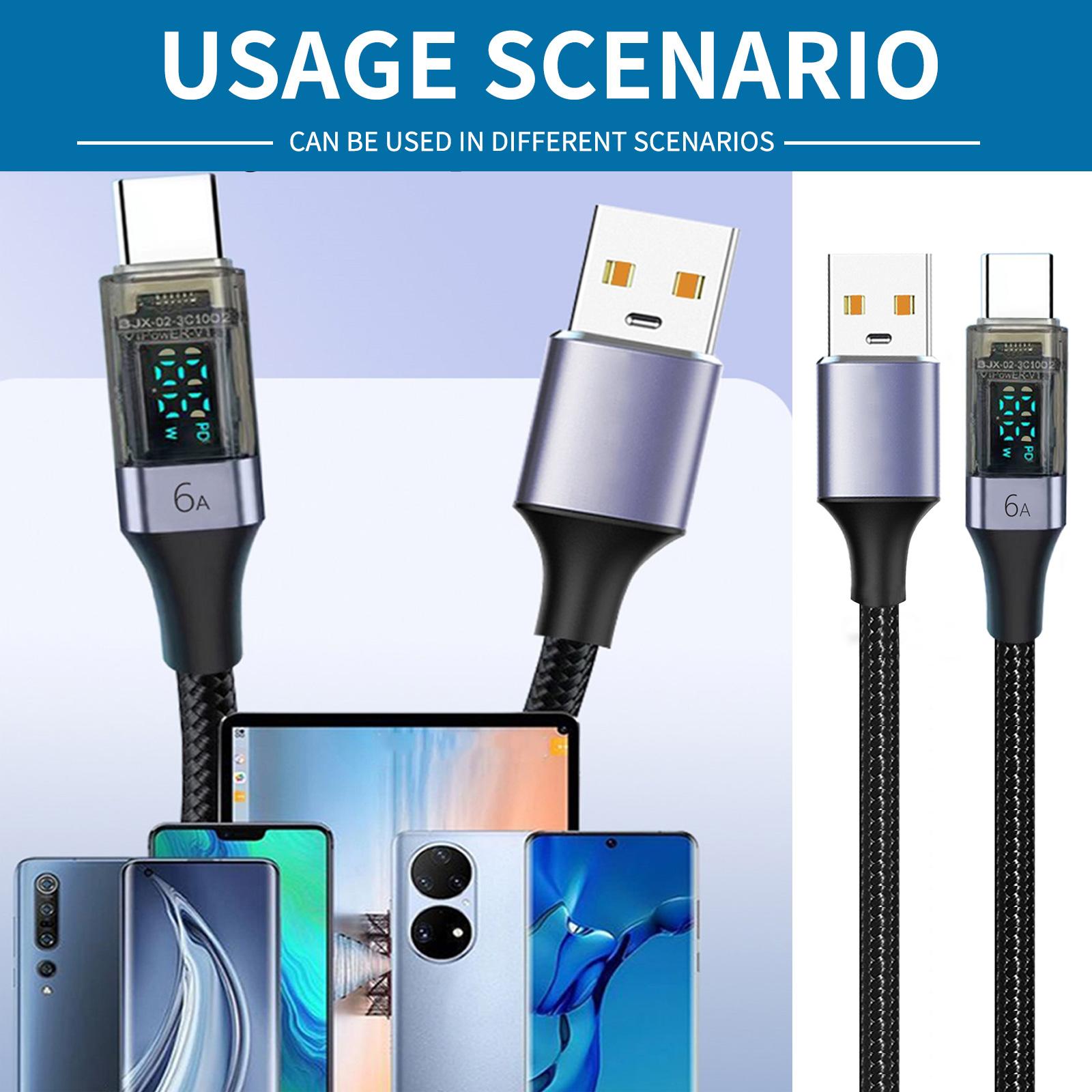 Кабель для быстрой зарядки USB A - Type C 66 Вт/6 А, высокоскоростной зарядный шнур с интеллектуальным светодиодным дисплеем для смартфонов и планшетов 50 фиолетовый
