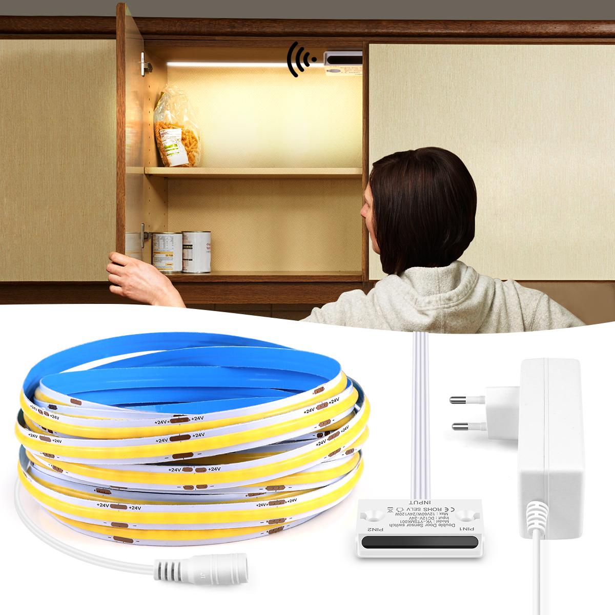 Светодиодная лента индукции движения DC24V Cob FCOB лампа 320LED/M датчик открытия двери светодиодный кухонный шкаф / настенный комод освещение декор 2M