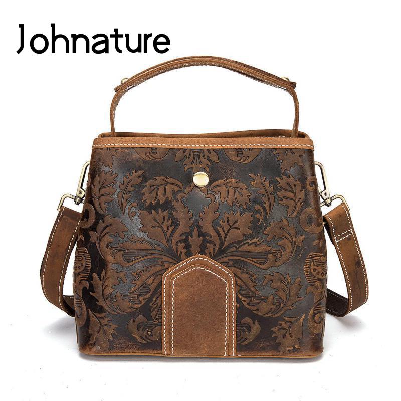 Женская сумка-мешок Johnature из натуральной кожи в стиле ретро, ​​портативная сумка для отдыха, универсальные сумки на плечо и через плечо из воловьей кожи коричневый