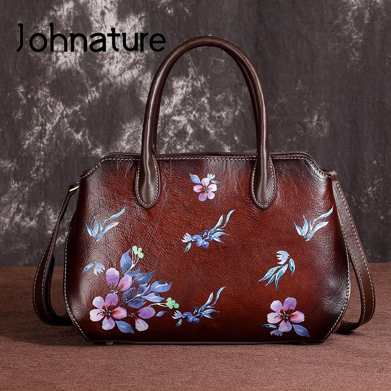 Johnature женская сумка из натуральной кожи, ручная роспись, цветочный ретро, ​​роскошная сумка, большая вместительная сумка на плечо и через плечо коричневый