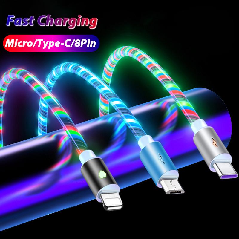 Светящийся зарядный кабель VAORLO Micro 8Pin 5A Type-C USB зарядное устройство Высокая совместимость для Android XiaoMi Huawei iphone 11 12 13 1M Micro синий