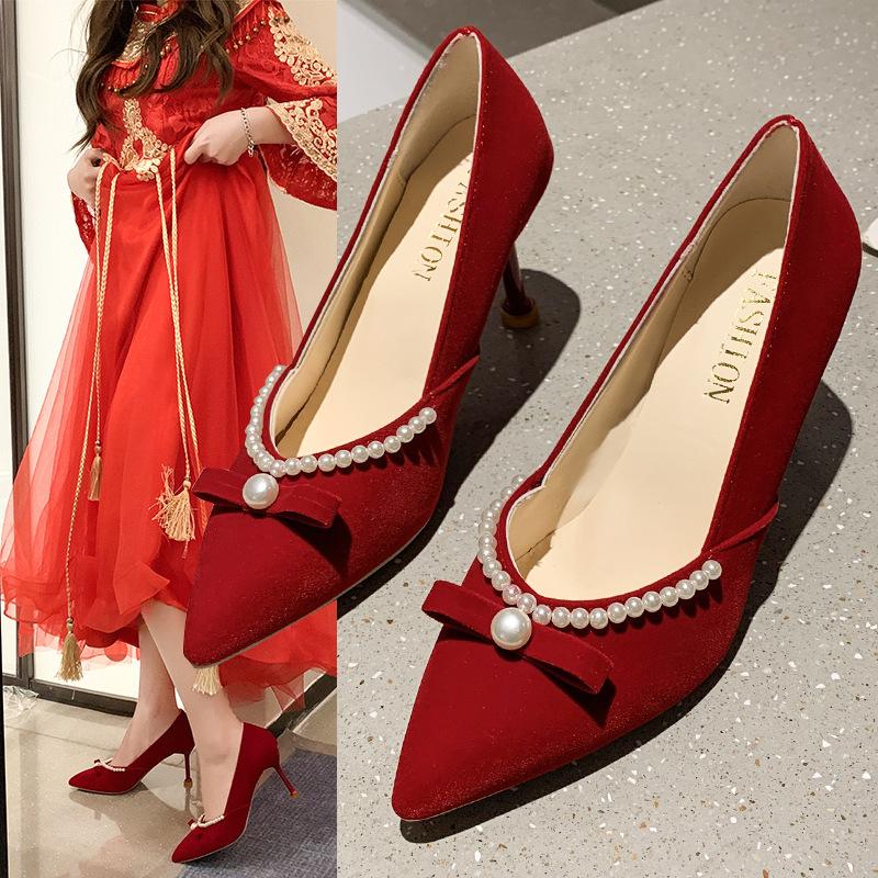 Весна и осень Новые туфли Commuter Wedding French Red Women High Heels 34