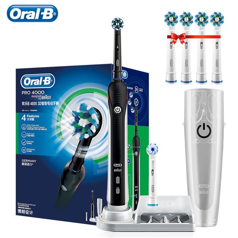 Оригинальная ультразвуковая электрическая зубная щетка Oral B Pro4000, индуктивная перезаряжаемая, отбеливание зубов, глубокая чистка полости рта, подарок, 6 насадок белый
