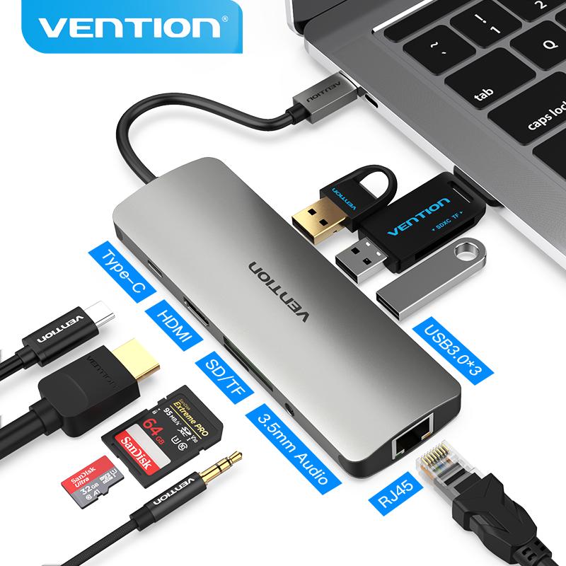 Док-станция Vention Thunderbolt 3, USB-концентратор типа C к HDMI, адаптер USB3.0 RJ45 для MacBook, Samsung Dex S10/S9/S8, преобразователь USB-C Huawei 9 in 1 серый