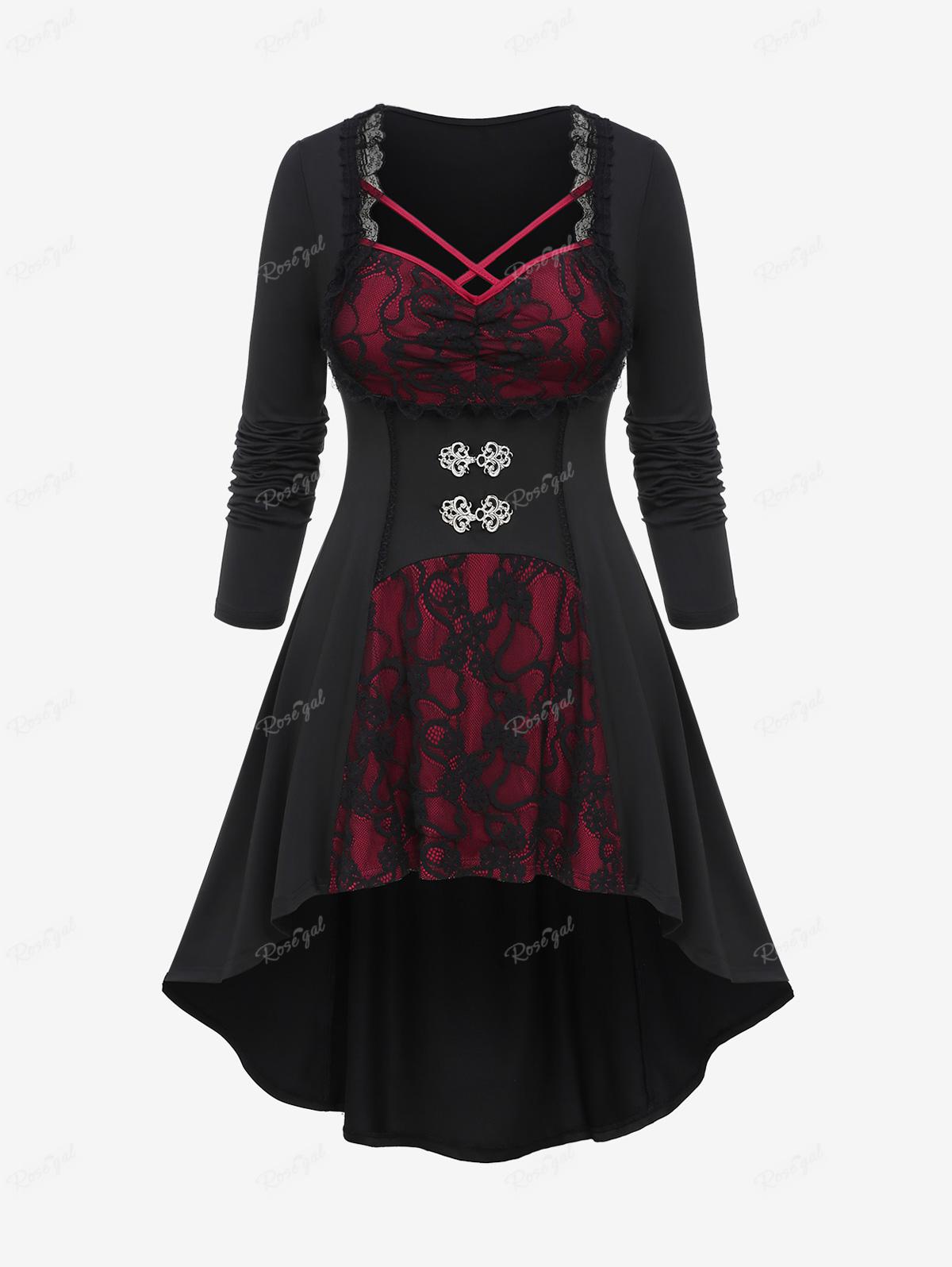 Футболка Rosegal Plus Size с кружевными вставками и пряжками-крест-накрест 3XL чёрный