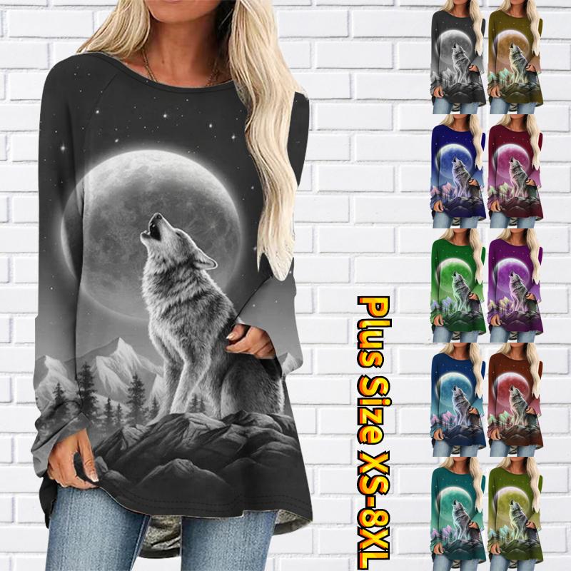 Spray Painted Animal Print Round Neck Bag Buttock Long Sleeve Color Pattern Women Top Leggings XS-8XL 6XL