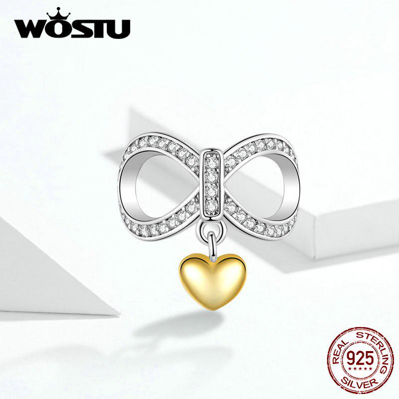 WOSTU 100% настоящее серебро 925 пробы Бесконечность Золотое сердце любви Подвески подходят для оригинального женского браслета HCC2500