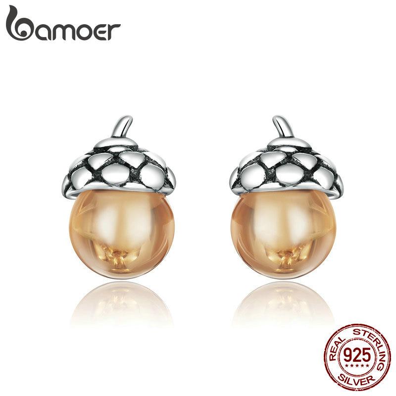 Серьги-гвоздики Bamoer для женщин из стерлингового серебра 925 пробы, оксидированного серебра, серьги-гвоздики, блестящие желуди, помолвочные, массивные украшения 925 silver