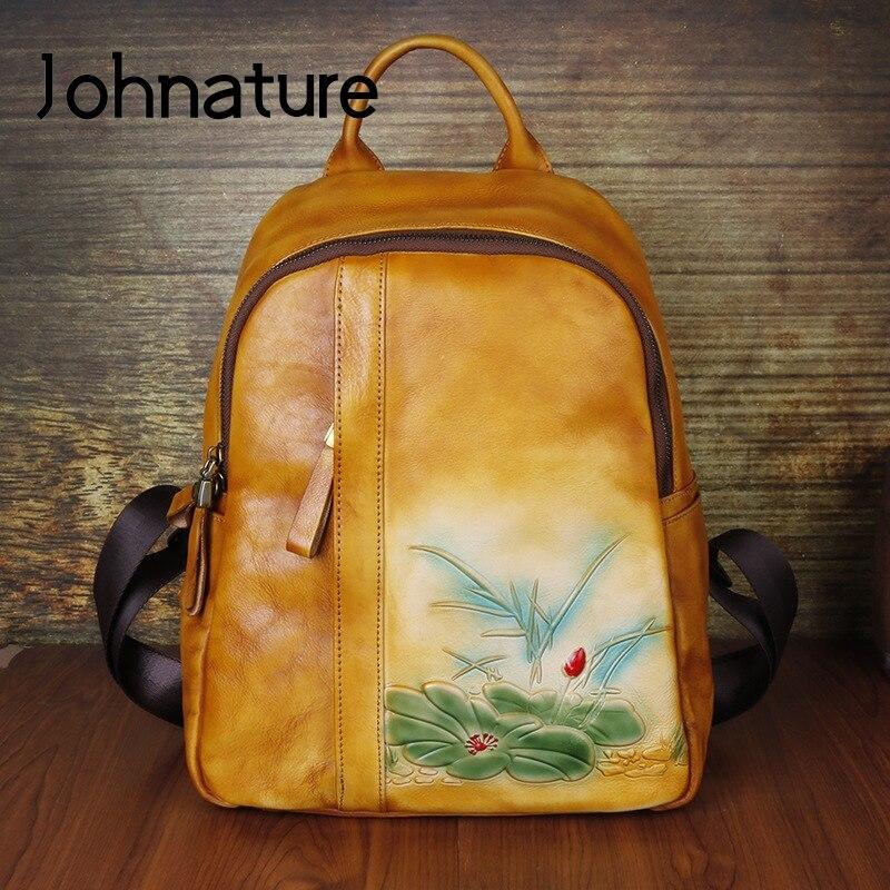 Рюкзак Johnature в стиле ретро, ​​женская сумка из натуральной кожи, ручная работа, тиснение, первый слой из коровьей кожи, дорожные сумки большой вместительности коричневый