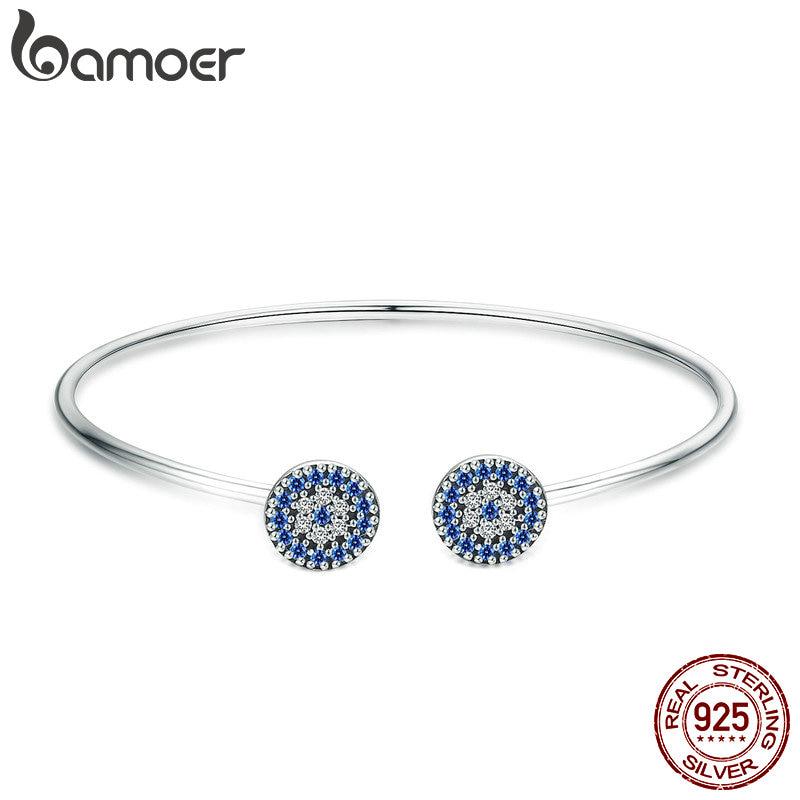  BAMOER Стерлингового Серебра 925 пробы Lucky Blue Eyes Blue CZ Женский Открытый браслет-манжета и браслет SCB058