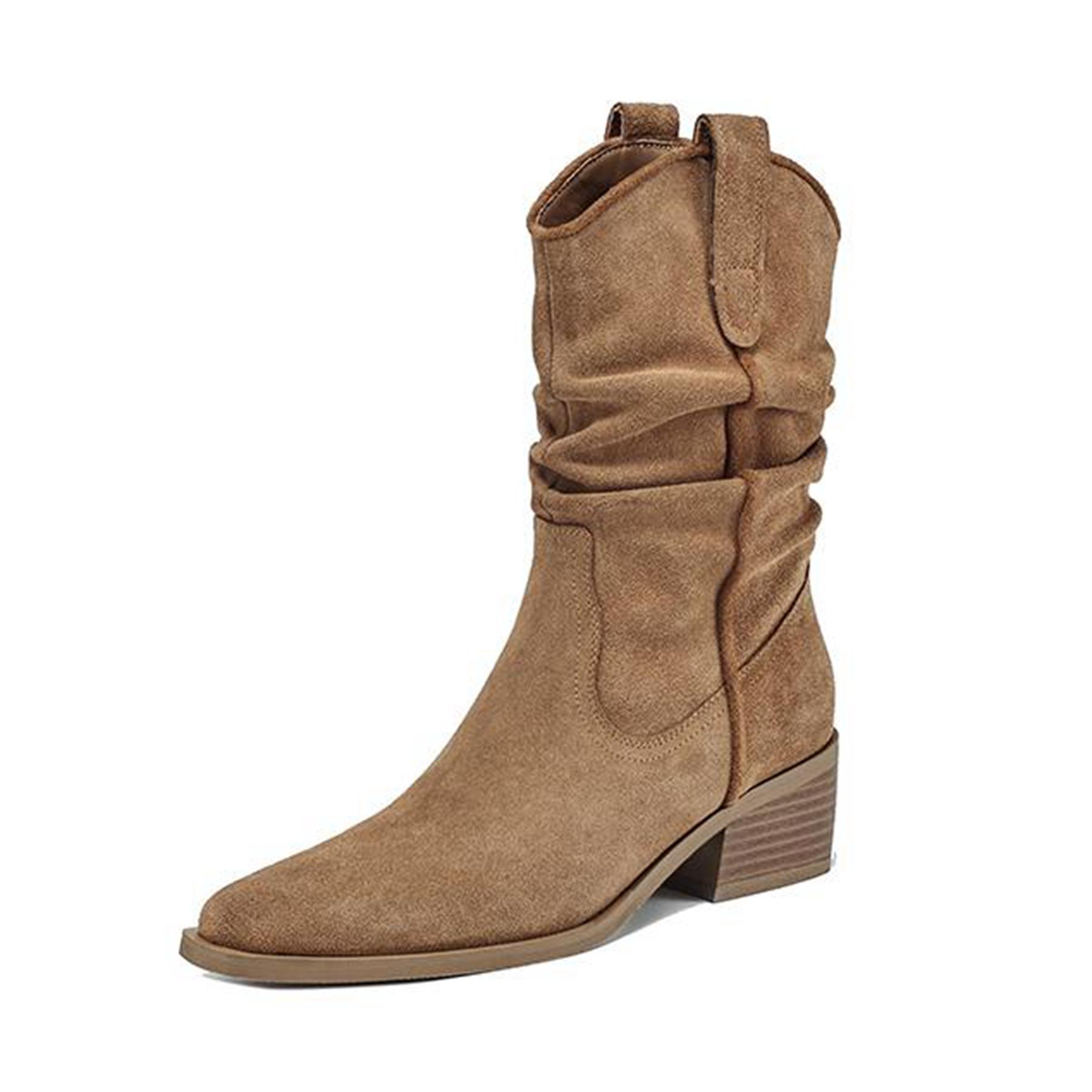 Казаки Krazing Pot Nubuck Осенне-зимние туфли на толстом каблуке Ковбойские сапоги в европейском стиле Плиссированные теплые ботильоны 34 чёрный