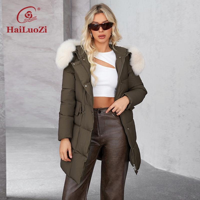 Hailuozi 2024 Neue Frauen Haar Kragen Mantel Warme Kapuze Verdickte Naturhaar Kragen Frauen Mantel Einfarbig Frauen Mantel 627-2 S чёрный
