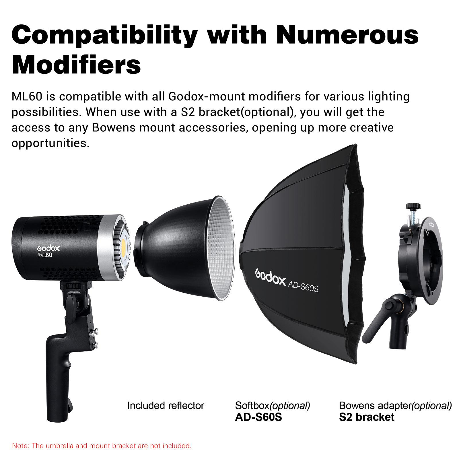 Godox ML60 Портативный студийный светодиодный светильник для портретной фотографии, заполняющий светильник 60 Вт 5600K CRI96 TLCI97 16 US Plug