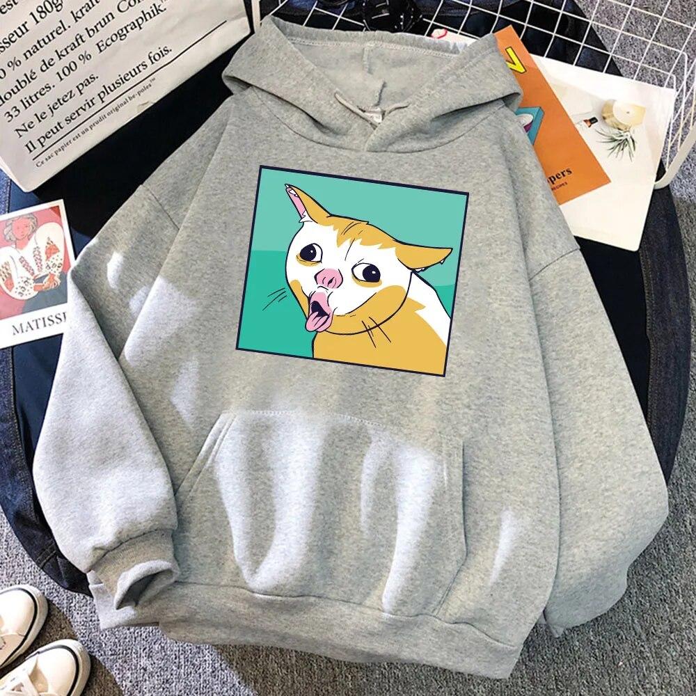Кашляющий кот-мем Непослушный мультяшный кот с высунутым языком Толстовки унисекс Творческий пуловер с круглым вырезом Повседневная уличная одежда больших размеров унисекс L