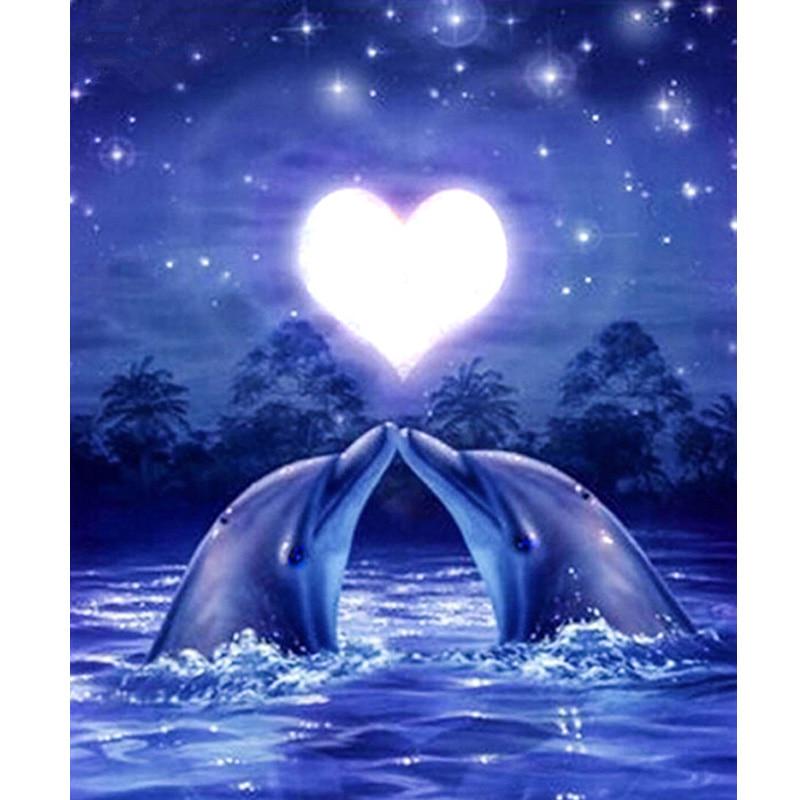 DIY 5D Diamond Closer & Kiss Dolphins Круглая алмазная живопись Вышивка крестиком Алмазная вышивка 20X30CM