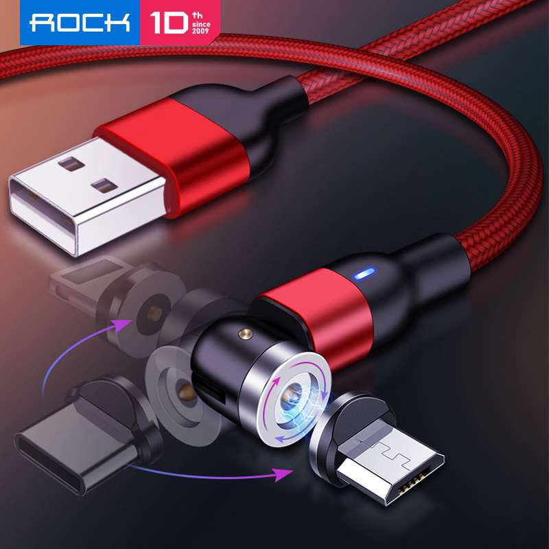Магнитный USB-кабель ROCK для зарядного устройства iPhone, поворот на 540 градусов, USB-кабель типа C для Xiaomi Samsung, магнитный зарядный кабель Micro USB Storage Box
