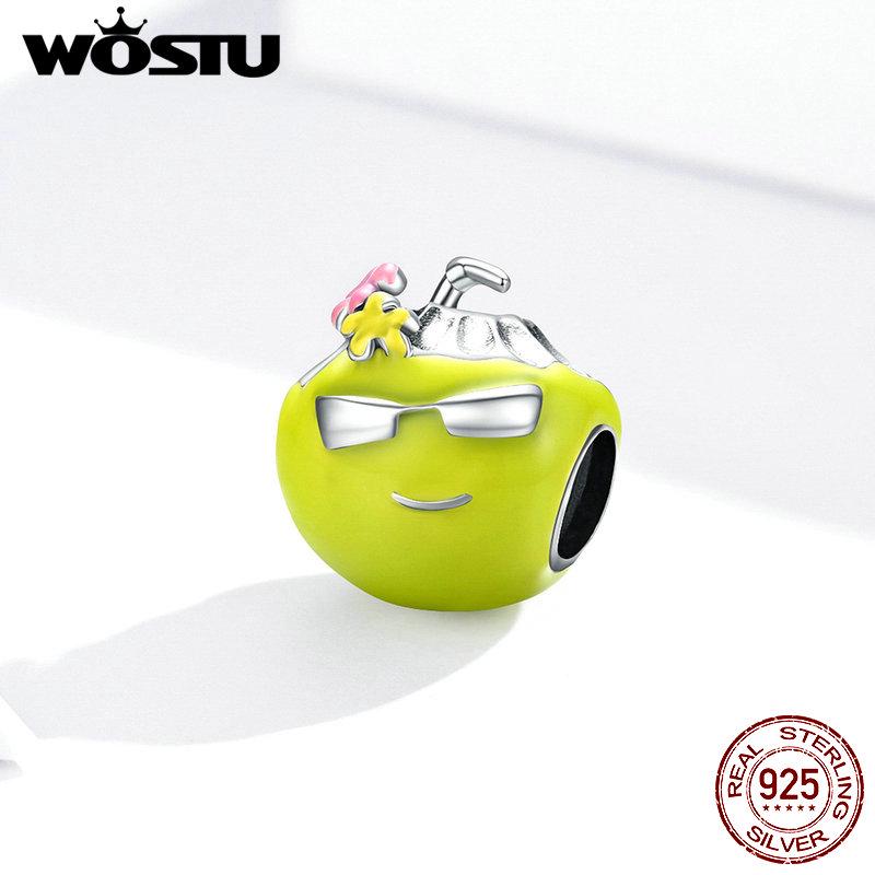 WOSTU Аутентичные стерлингового серебра 925 пробы, летний кокосовый шарм, зеленые эмалированные бусины, браслет «сделай сам» 925 silver