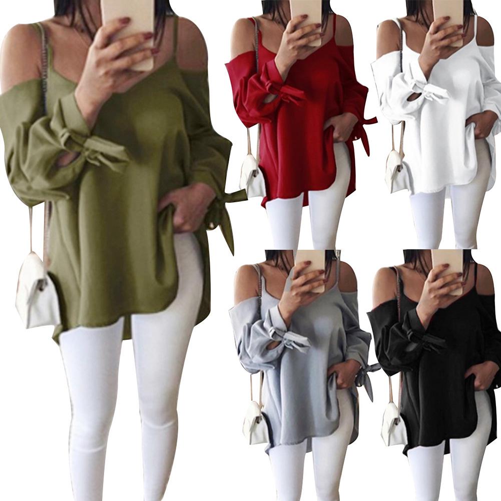 Bluelans Tall Shop однотонная сексуальная женская блузка с открытыми плечами и длинным рукавом, свободная рубашка M чёрный