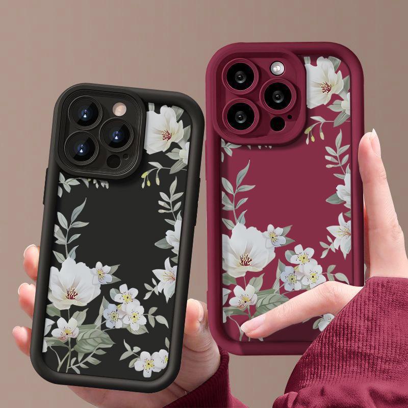 Чехол для телефона с цветочным принтом для iPhone 16 15 Pro Max 14 Plus 13 Pro 12 11, противоударный, мягкий, с защитой объектива iPhone 15 чёрный