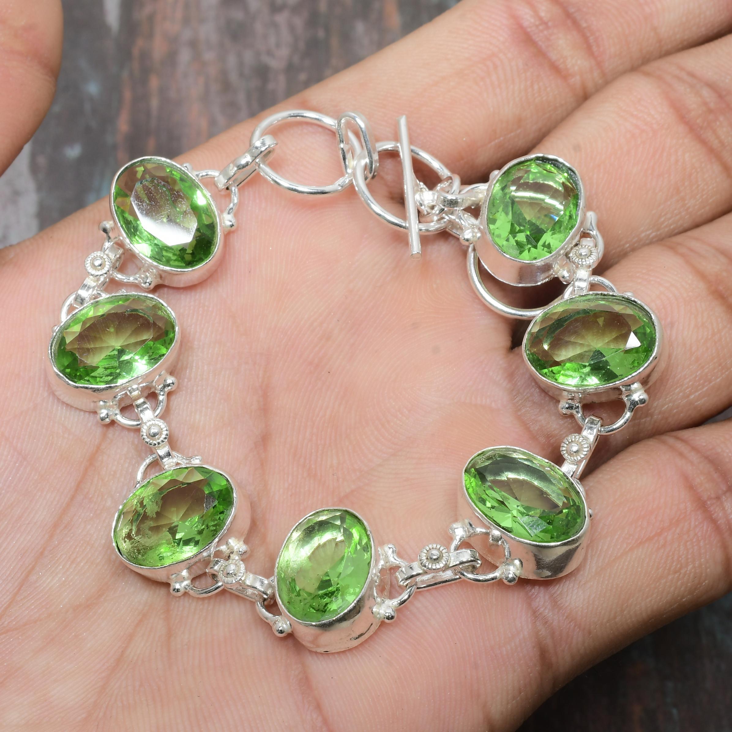 Tsavorite Gemstone Handmade Solid 925 Серебряный браслет для женщин 7-8 Inches