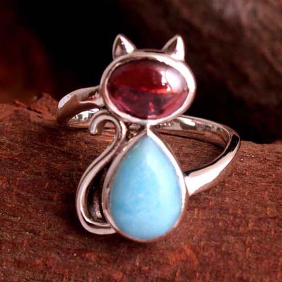  Кольцо с драгоценным камнем Larimar Red Garnet, кольцо из стерлингового серебра 925 пробы, кольцо с кошкой 5 синий/красный