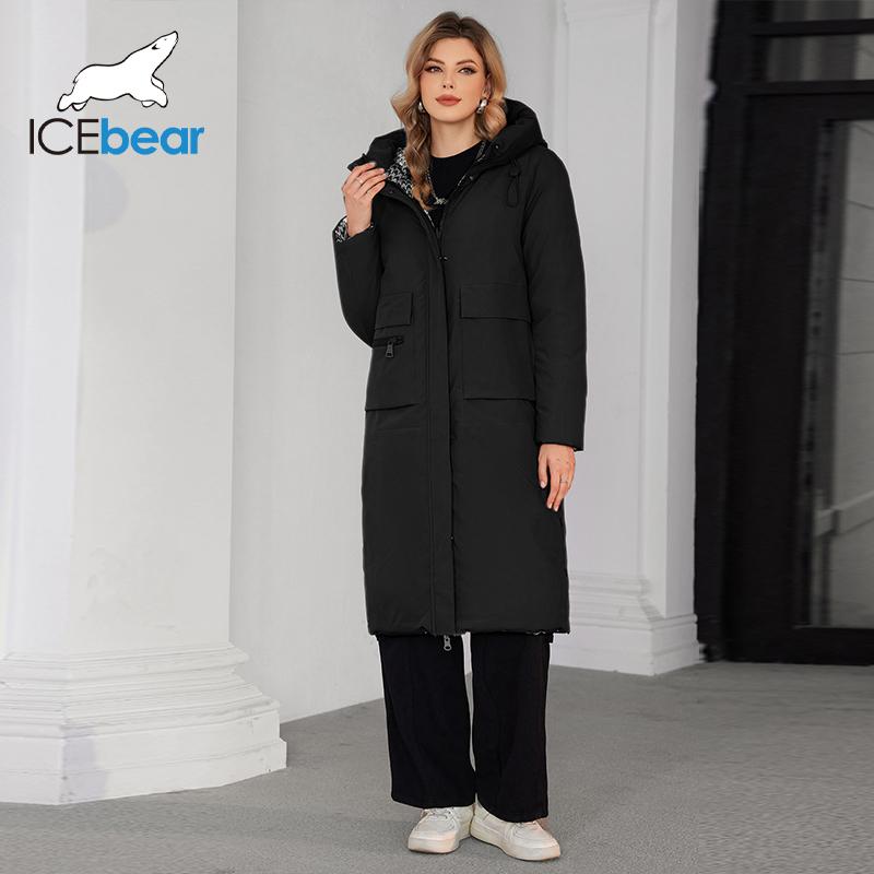 ICEbear Зимняя женская куртка 2024 года, двусторонняя высококачественная куртка с капюшоном на молнии, брендовая модная парка для женщин GWD4682I 42 дубильная кора