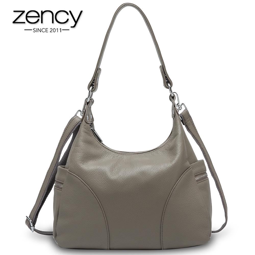 Zency 100% натуральная кожа, модные женские сумки на плечо, высококачественные бродяги, элегантная женская сумка-тоут, черные, серые сумки через плечо чёрный