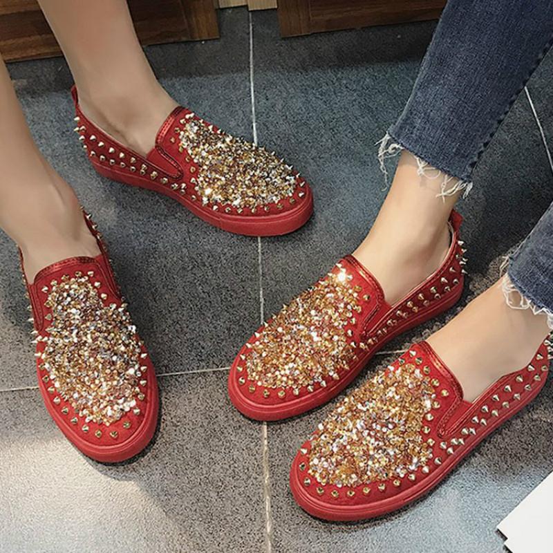 Слипоны и эспадрильи Модная обувь для пар Rivet Punk Loafers Повседневная обувь на плоской подошве 35 красный