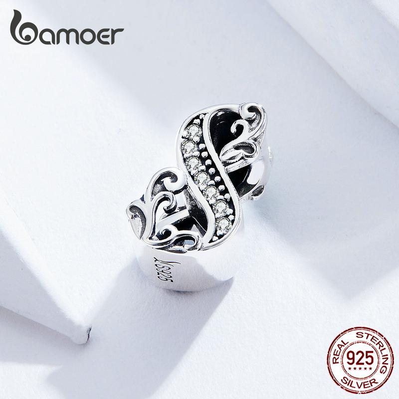BAMOER Lucky Number 8 из бисера с цирконами и рельефами из настоящего стерлингового серебра 925 пробы, подходят для оригинального браслета Pendant