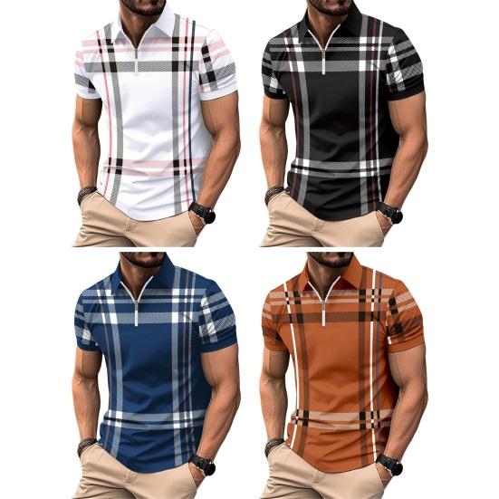 Мужская летняя рубашка на молнии с лацканами в клетку в полоску с принтом Slim Fit пуловер с короткими рукавами средней длины мягкий дышащий мужской деловой топ M