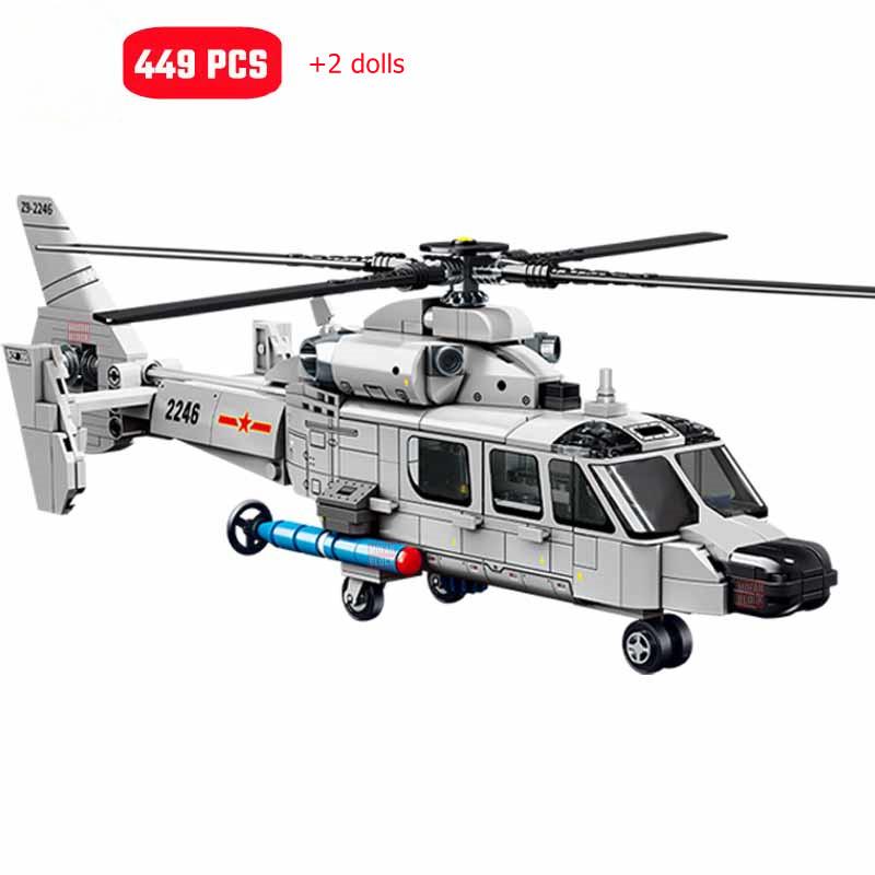 449 шт. Z-9 корабельный вертолет в сборе, строительные блоки MOC, вооруженные самолеты-истребители, модели солдат, детские игрушки, подарки для мальчиков