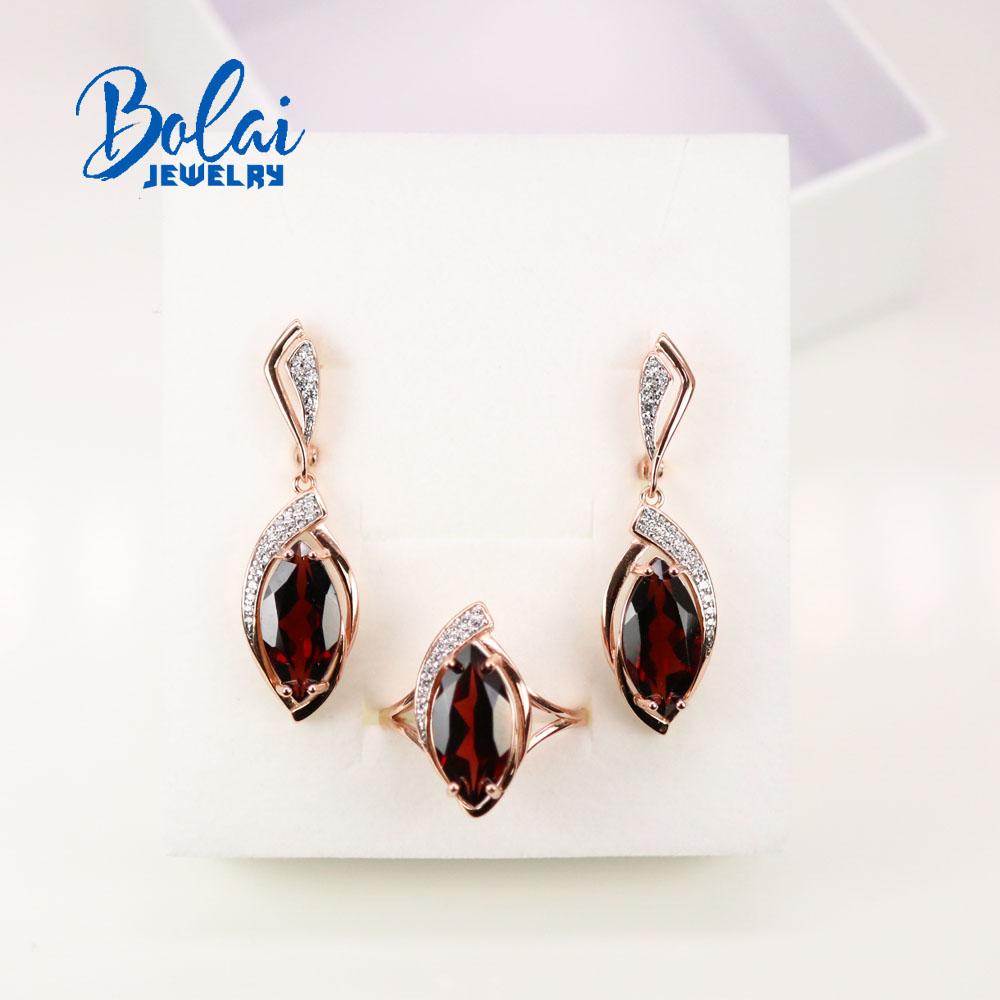 Наборы ювелирных украшений Bolaijewelry 100% натуральный драгоценный камень гранат кольцо серьги комплект ювелирных изделий из стерлингового серебра 925 пробы ювелирные украшения для женщин us size 7# ярко-розовый