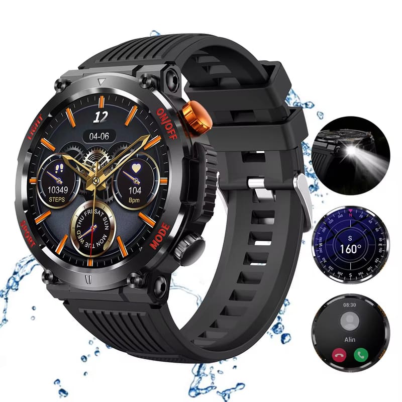 2025 New Smart Watch (Ответить/Набрать номер) С компасом и светодиодным фонариком, IP67 водонепроницаемый фитнес-трекер с шагомером для Android IOS чёрный
