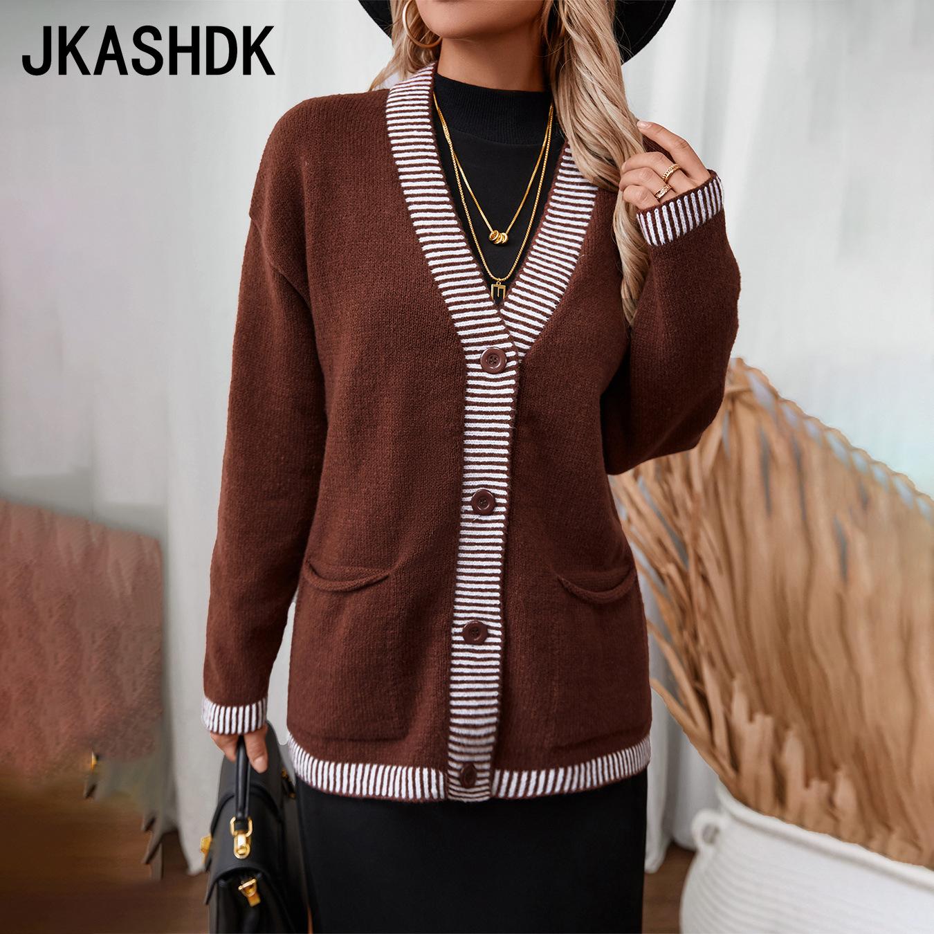 JKASHDK Женская мода Повседневный Осень Зима Однотонный Принт Длинный Рукав V-образный Вырез Свитера S белый