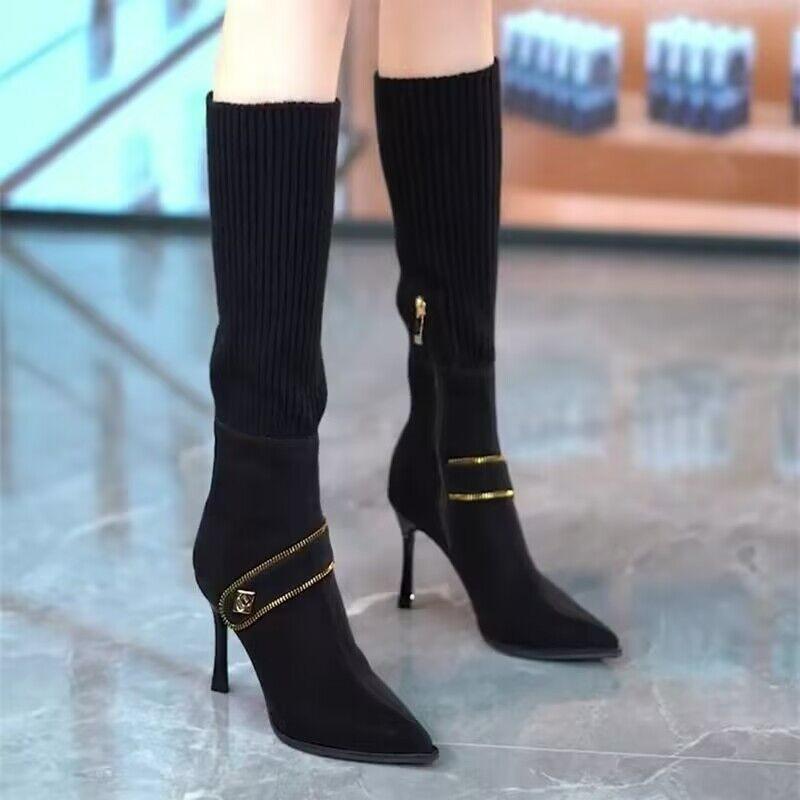 2024 Осень/Зима Новая корейская версия Sharp Headed Charm Celebrity High Heels Модные сапоги, носки и ботинки для женщин 34 чёрный