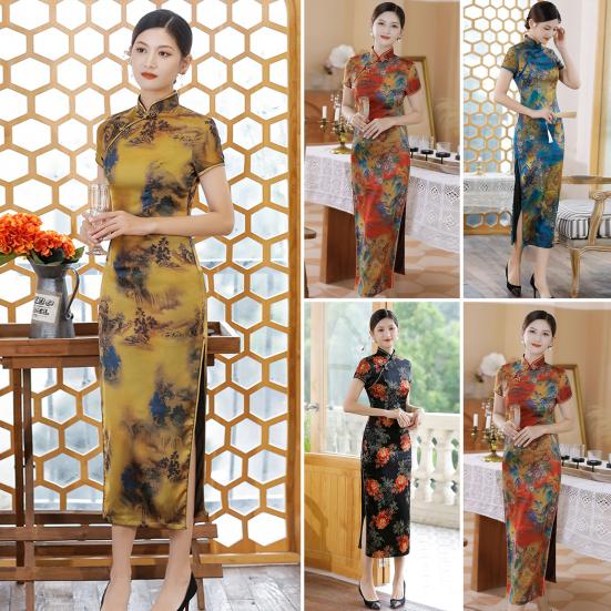 Леди Cheongsam, гладкое платье, облегающее китайское платье с поднятой талией, пейзажная живопись, принт, разделенный подол, традиционное Ципао XL