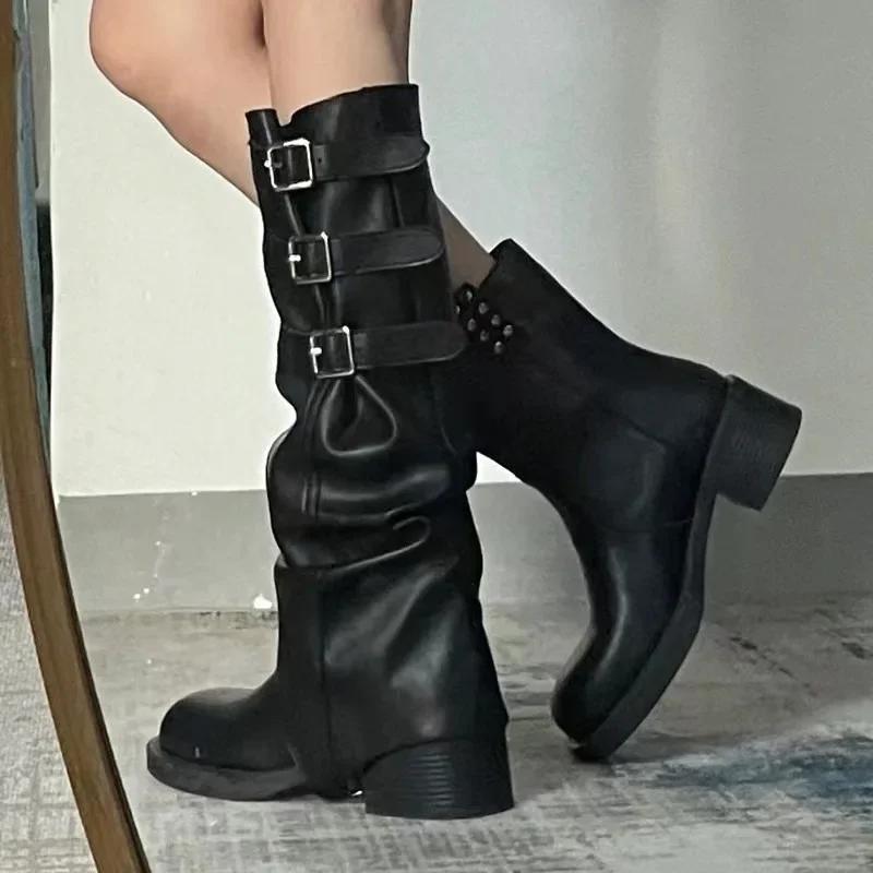 Высококачественные сапоги Wasteland Punk Y2k Gothic Style Vintage Motorcycles Western Boots для женщин Черные сапоги с заклепками до колена 35 чёрный