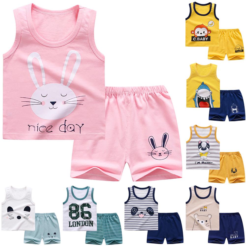 Baby Boys Girls 2Pcs Set Kawaii Мультфильм Печатный без рукавов Футболка Шорты Костюм 73