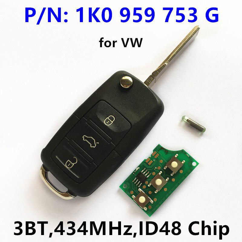 3-кнопочный дистанционный ключ для Volkswagen Caddy Golf Plus Jetta Touran Tiguan EOS Sirocco Jetta/434 МГц/1K0959753G/чип ID48/HLO 1K0 959 753 G 753G