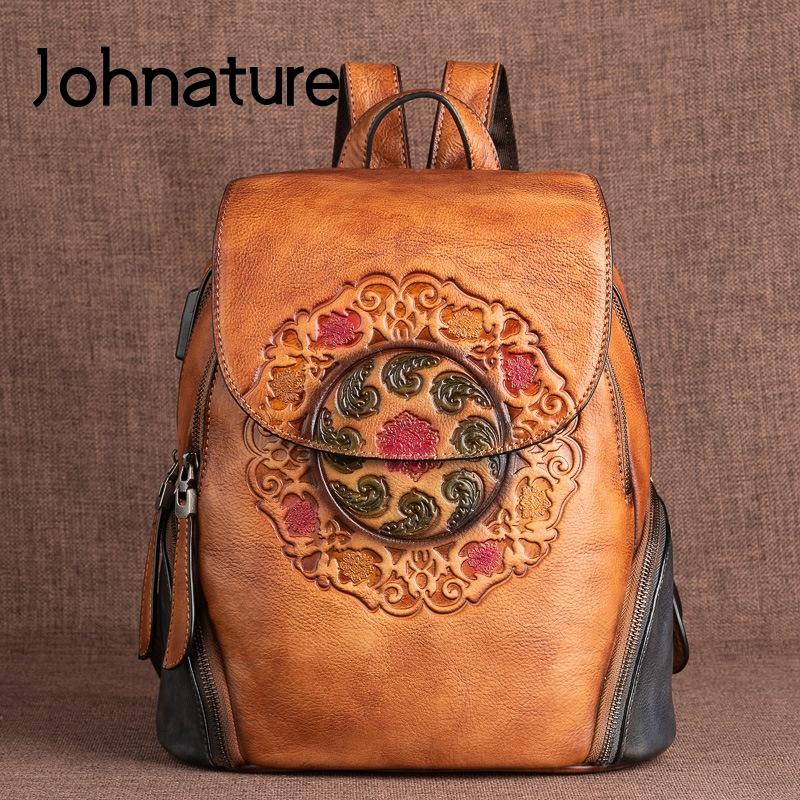 Сумки на плечо Рюкзак Johnature из натуральной яловой кожи в стиле ретро, ​​женская сумка ручной работы с тиснением из натуральной яловой кожи, дорожные сумки большой вместительности серый