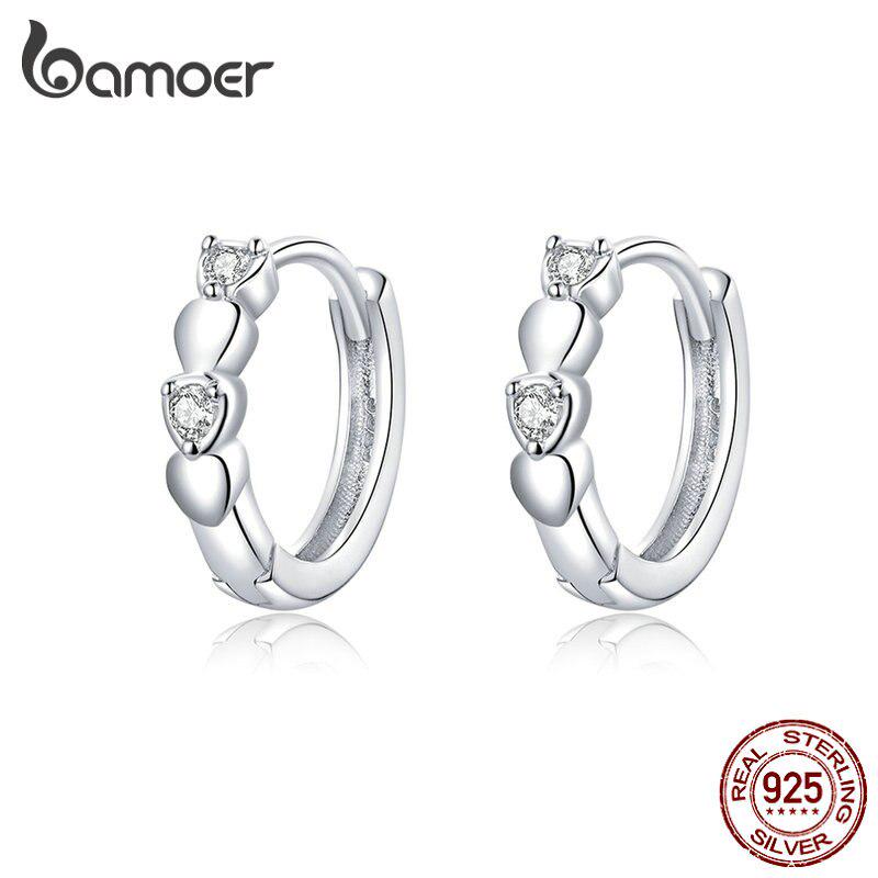 Серьги-кольца Bamoer, модные серьги с блестящим сердцем, подлинные серьги из стерлингового серебра 925 пробы